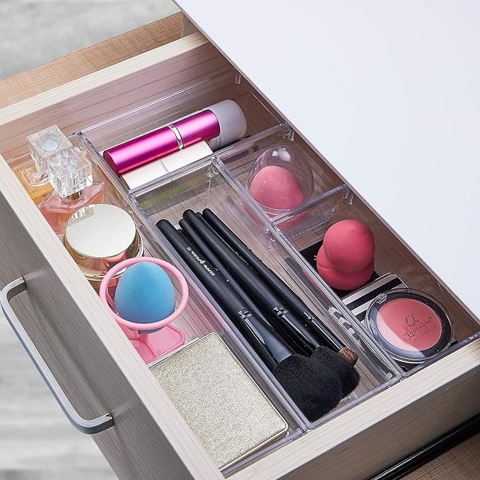 DCA 14 PCS Clear Plastic Drawer Organizer Tray, 4 Sizes Desk Drawer Divider Organizers and Storage Bins for Makeup, Kitchen Utensils, Jewelries and Gadgets