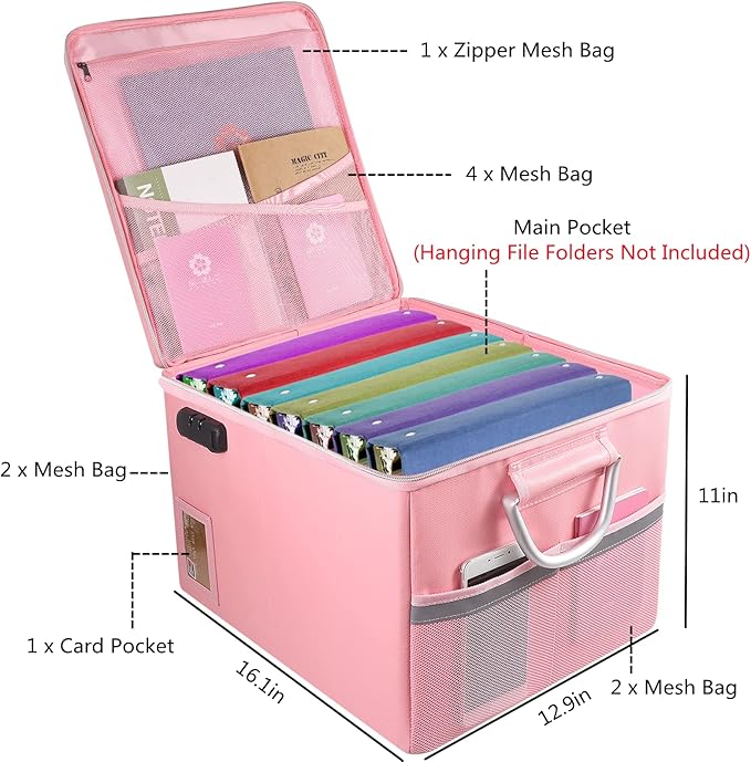 Fireproof Document Box File Organizer Box, Fireproof File Cabinet Box Storage Filing Cabinet Box with Lock, Portable Office Safe Box for Hanging Letter/Legal Folder 16.1 x 12.9 x 11in (Pink)