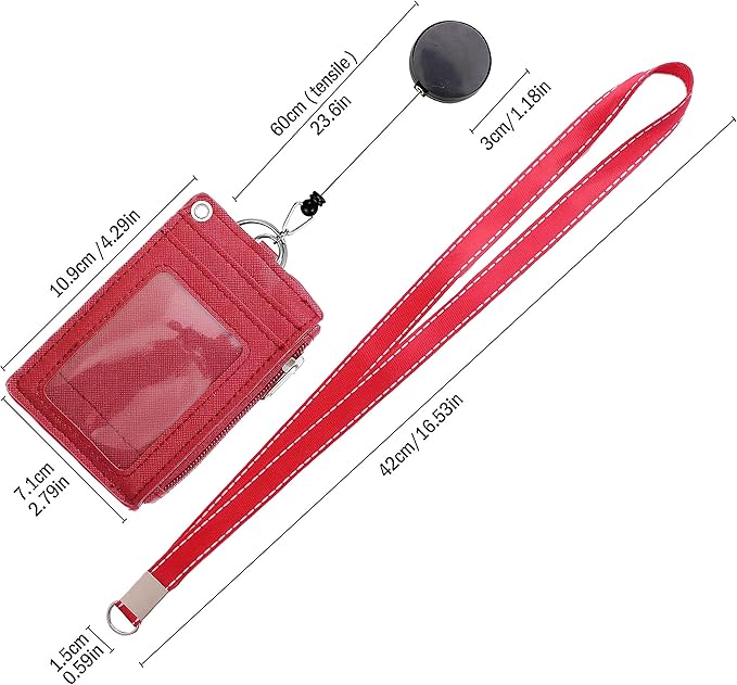 Cute ID Badge Holder Retractable Lanyard Reel Clip with Heavy Duty Carabiner, 5 Card Slots in 2 Sided with Key Ring and Zipper for Women Students Teens Girls Office Staff (Red)