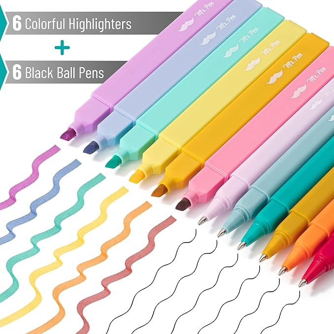 Mr. Pen- Aesthetic Highlighters and Pens No Bleed, 12 Pack, Assorted Color Bible Highlighters No Bleed, Black Ink Bible Pens, Highlighter Pens, No Bleed Highlighters for Bibles, Bible Pens