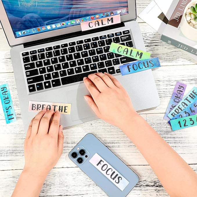 Laumoi 50 Pcs Anxiety Sensory Stickers Textured Calming Strips Tactile Rough Sensory Calm Stickers Adhesive Textured Tape Fidget Pack Anti Stress Strips for Adults(Watercolor Style)