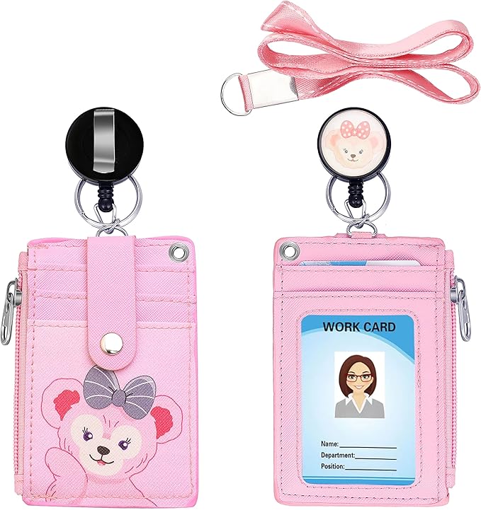 Cute ID Badge Holder Retractable Lanyard Reel Clip with Heavy Duty Carabiner, 5 Card Slots in 2 Sided with Key Ring and Zipper for Students Teens Boys Girls Office Staff Women (Pink Bear)