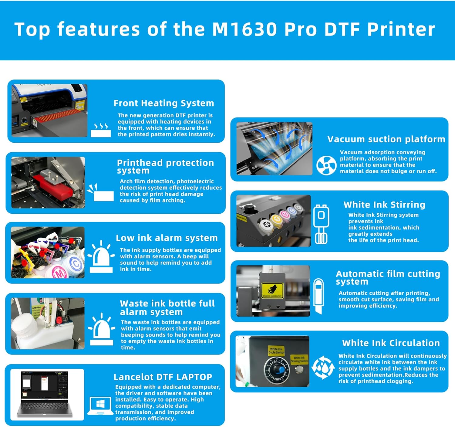 Lancelot Auto-Maintenance M1630 Pro-DTF Printer Machine-Doubled Speed Over L1800 with Auto-Powder Shaker Dryer,White Ink Circulation & Auto-Film Cutter,DTF Printer Bundle for T Shirt Printing