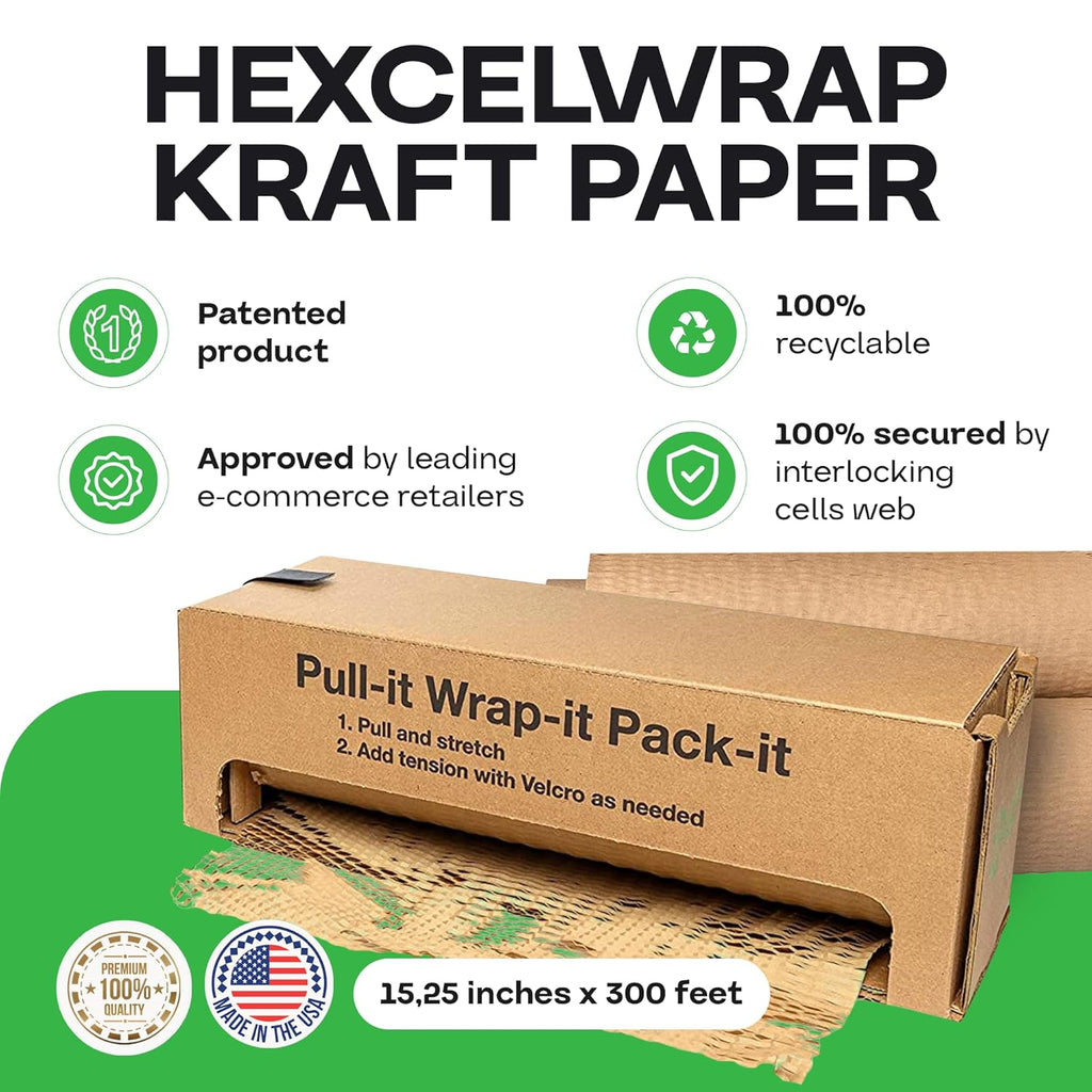 IDL Packaging HexcelWrap Cushioning Kraft Paper 15.25" x 300' in Self-Dispensed Box – Eco-Friendly Honeycomb Alternative to Bubble Wrap – Innovative Packing Paper Roll for Shipping and Moving