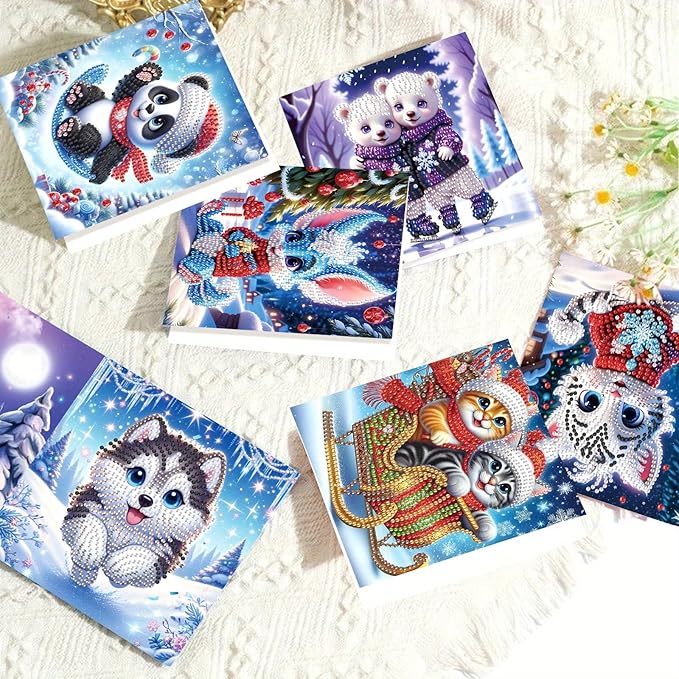 Tontut 8pcs Diamond Art Painting Greeting Card, Bear, Dog, Cat Animals 5D DIY Special Shape Diamond Painting Christmas Birthday Greeting Card Creative Gifts