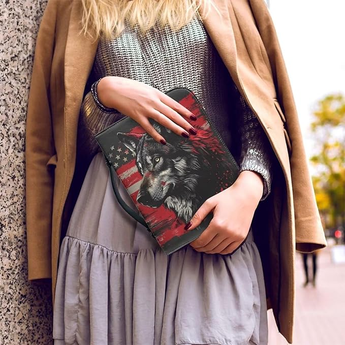 Lotusorchid American Flag Wolf Bible Bags, Faux Leather Bible Covers with Handle Pockets for Women, Portable Sturdy Bible Bag for Men, Christian Bible Study Accessories, Black and Red, 2XL