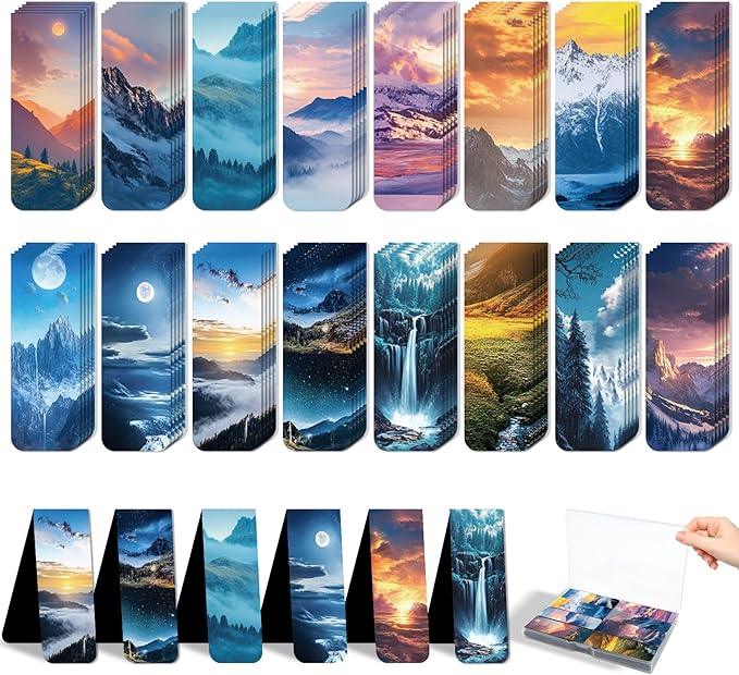48 Pieces Magnetic Bookmarks Magnet Page Markers - Book Marks for Reading Women & Men with Storage Boxes - Cute Magnet Bookmark Clips for Reading Pleasure（Scenery）