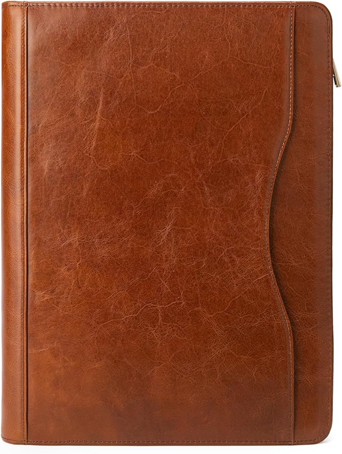 YIWEN Handmade Crazy-Horse Leather 3 Ring Binder Portfolio Padfolio Folder with Zipper for Men and Women, Business Organizer for Letter A4 Size for Meeting and Travel (Non-custom, Oil Wax-brown)