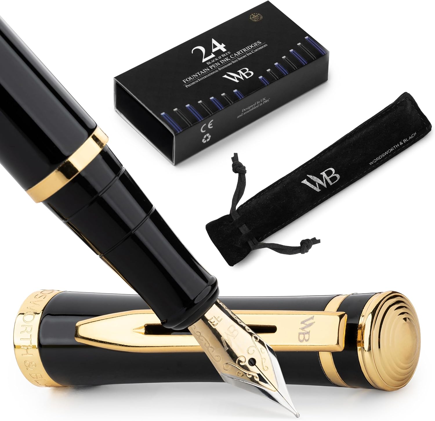 Wordsworth & Black Fountain Pen Set, 18K Gilded Extra Fine Nib, Includes 24 Pack Ink Cartridges, Ink Refill Converter & Gift Pouch, Gold Finish, Calligraphy, [Black Gold], Perfect for Men & Women