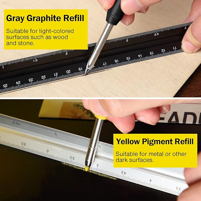 Hiboom 2 Pack Solid Carpenter Pencil with 14 Refill, Long Nosed Deep Hole Mechanical Pencil Marker with Built-in Sharpener for Carpenter Woodworking Architect with Design Patent (Black, Yellow)