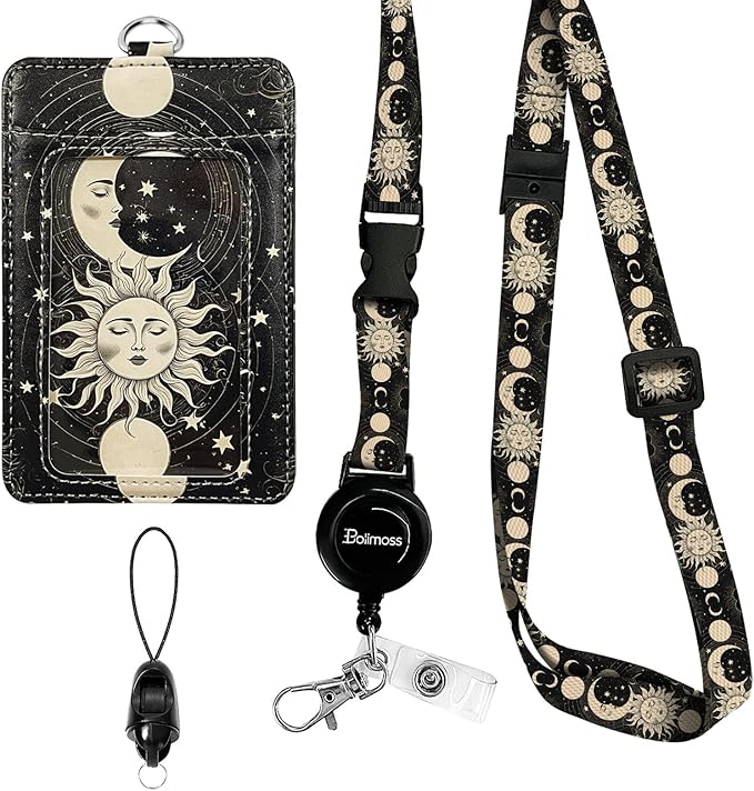 bolimoss Sun and Moon Badge Holder with Retractable Reel and Detachable Lanyard Strap Leather Name Card Protector Adjustable Key Lanyards for Women Nurse Teacher Student