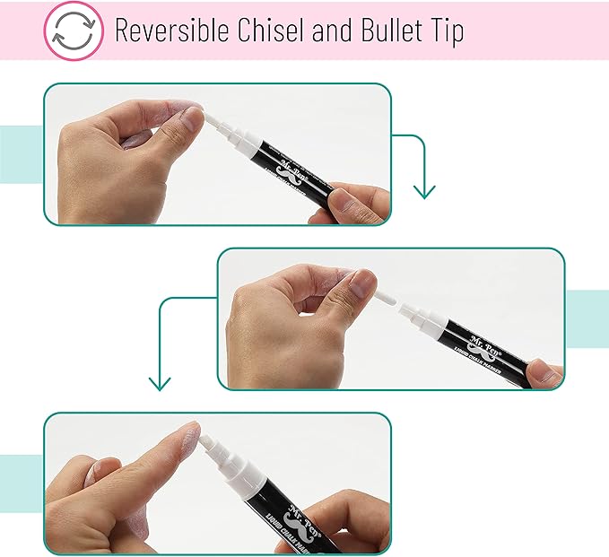 Mr. Pen- White Chalk Markers, 4 Pack, Dual Tip, 8 Assorted Colors, For Non-Porous Surfaces, Reversible Chisel and Bullet Tip