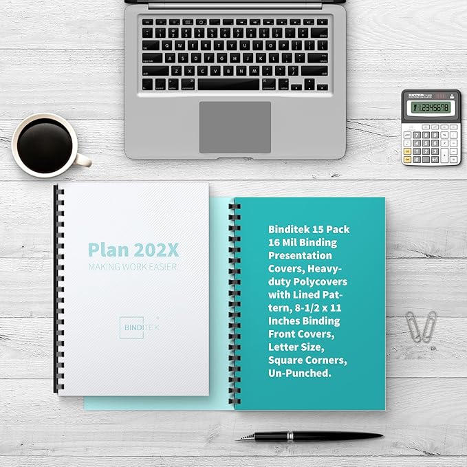 Binditek 15 Pack 16 Mil Binding Presentation Covers,Heavyweight Polycovers with Lined Pattern, 8-1/2 x 11 Inches Binding Front Covers, Letter Size, Square Corners, Un-Punched, Office Supplies