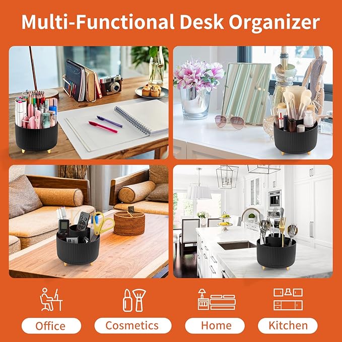 Desk Pencil Pen Holder, 5 Slots 360°Degree Rotating Pencil Pen Organizers for Desk, Desktop Storage Stationery Supplies Organizer, Cute Pencil Cup Pot for Office, School, Home, Art Supply, Black