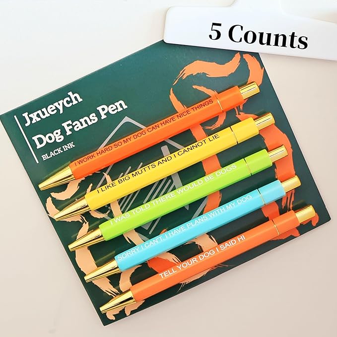 Jxueych Funny Pens, 5-Count Black Ink Medium Nib 1.0mm, Funny Office Gifts for Coworkers, Personalized Pens Vibrant Quotes Swear Word Daily Pen Set (Dog Fans)