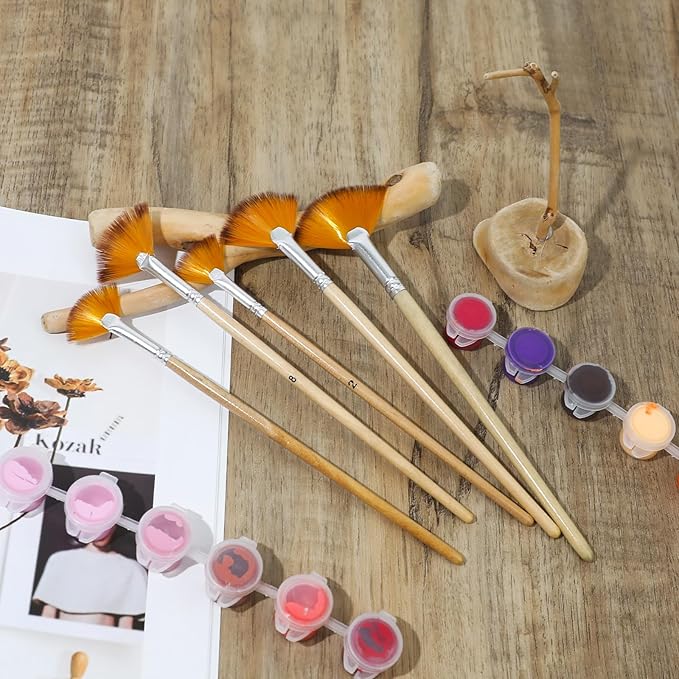 5 PCS Fan Brushes Paint Fan Brush for Painting Long Wood Handle Painting Brushes Paint with Nylon Hair Brushes Set Fan Brush for Acrylic Oil Watercolor Gouache Painting Kits