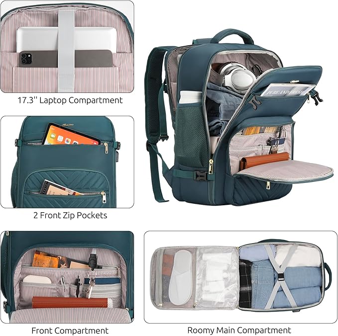 Travel Backpack for Women, Carry On Backpack for Airplanes Flight Approved, Waterproof Large Weekender Overnight Bag Fit 17 Inch Laptop with USB Charging Port, Peacock Blue