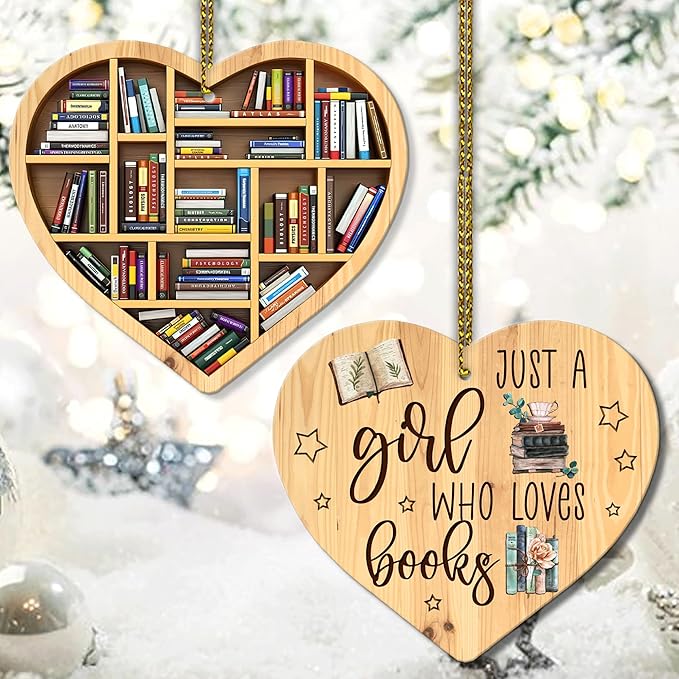 HYTURTLE 2D Flat Printed Book Gifts for Book Lovers - Book Christmas Wooden Ornament Tree Decoration - Book Lover Librarian Gifts - Book Gifts for Girls Women - Book 2-Sided Keepsake Wood Ornament