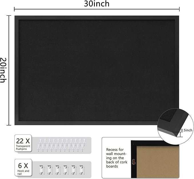 Cork Board with Linen Black 2Pack,Bulletin Board 30"x20", Corkboards for Office Home School Message Board or Vision Board Decoration.