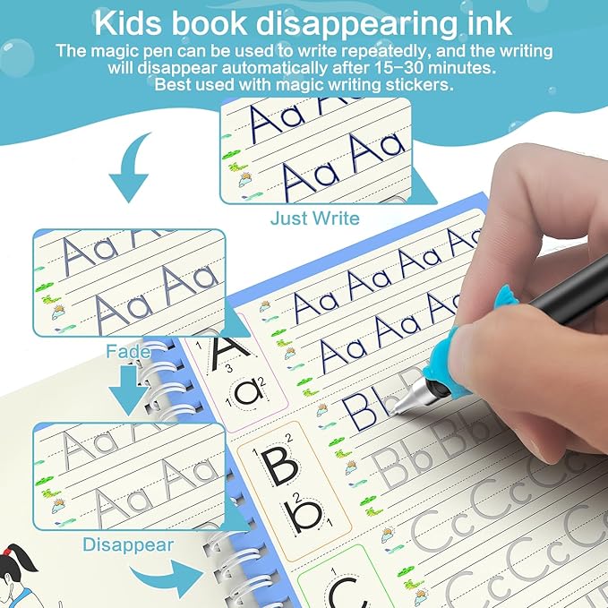 Grooved book magic pens for kids disappearing ink pens and reusable grooved handwriting practice or grooved writing books for kids 3-5, children magic copy books, invisible ink pen refills.