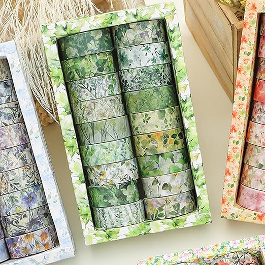 18 Rolls Blossom Washi Tape Set Floral Arts Adhesive Tapes Flowers Garden Decorative Masking Tape Sets for Craft, Kids, Scrapbook, DIY, Gift Wrapping (Emerald Vines)