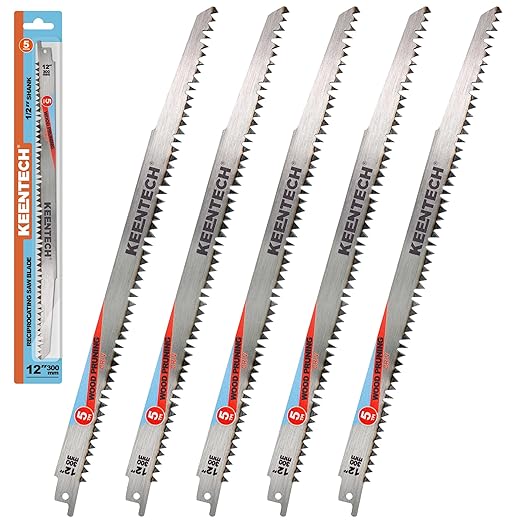 KEENTECH CR-V Sawzall Pruning Blades, 12 Inch 5TPI, with Fleam Ground Teeth for Tree Branch Root Wood, PVC Pipe Cutting, Reciprocating Saw Blade Fast Cutting for Professional, DIYer, Gardener, 5 Pack