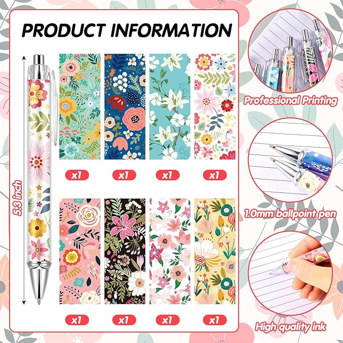 Ireer 8 Pcs Ballpoint Pens for Women 1.00 mm Cute Black Ink Fancy Pens Fine Point Smooth Writing for Journaling Aesthetic Office Supplies(Flower)