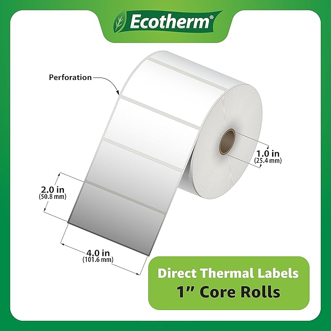 4" x 2" Thermal Labels | 6 Rolls | 7500 Labels | fits Zebra, Munbyn, Rollo, Godex, Arkscan, iDPRT, Offnova Thermal Label Printers and More | Blank White Adhesive Stickers by Ecotherm
