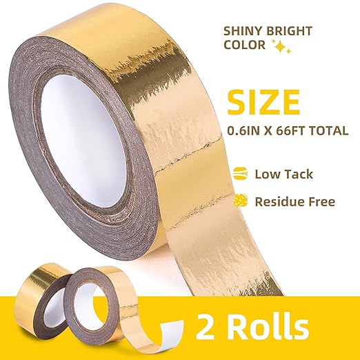 Solid Foil Washi Tape - Low Tack Self Adhesive Decorative Washi Tape Shiny Metallic Color - 3/5 Inch Wide and 66 FT Long Total, Gold