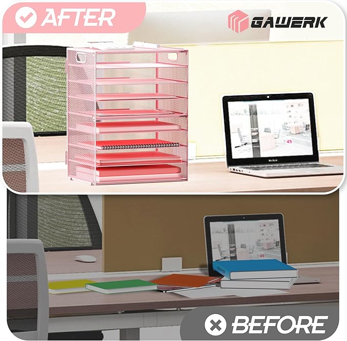 9-Tier Paper Organizer Letter Tray with Handle, Mesh File Organizer Paper Sorter Holder, Desk Organizer for Office Home School, Pink