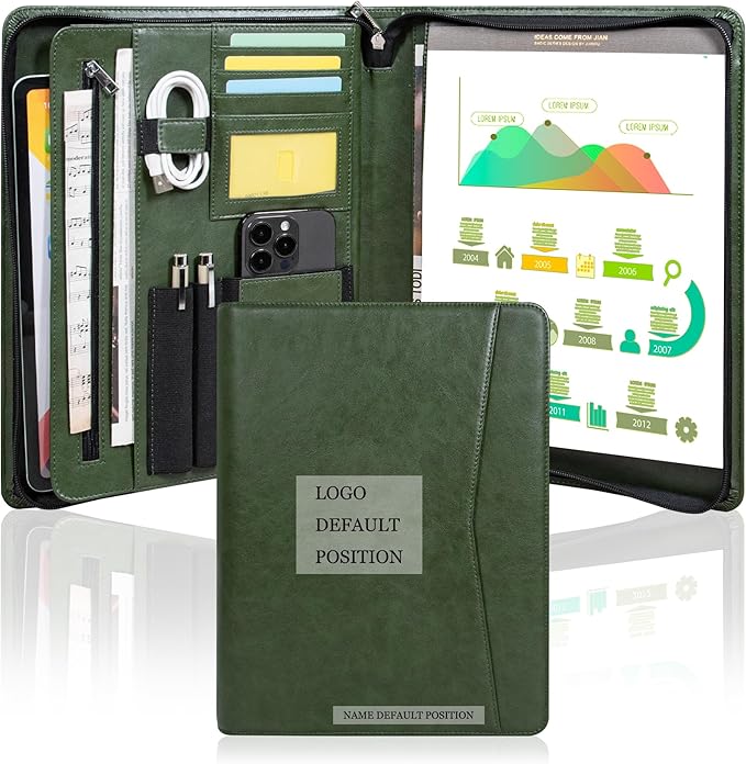 Personalized Leather Portfolio with Zipper, Professional Business Padfolio with A4/US Letter Writing Pad holder, Folio for Men and Women, Green