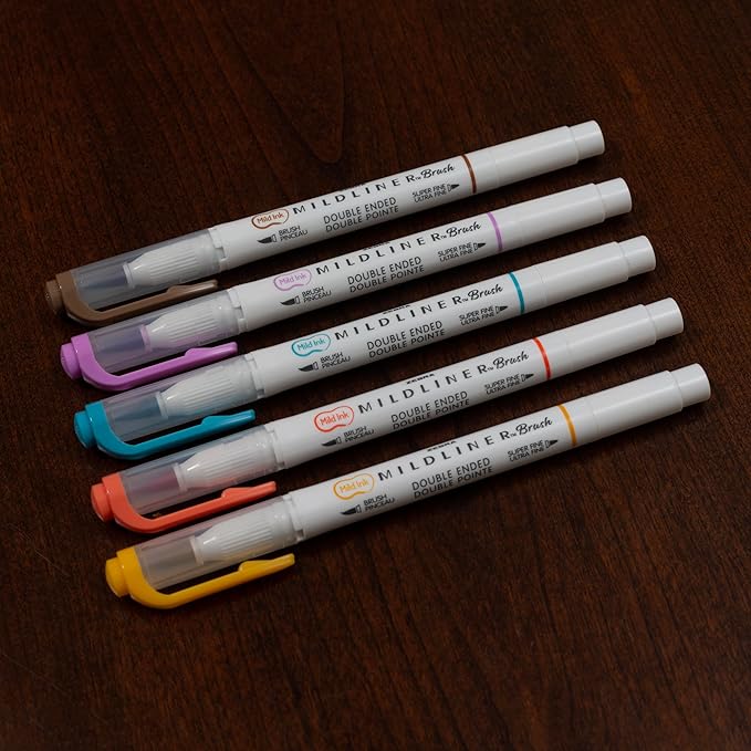 Zebra Pen Mildliner Brush Marker, Double Ended Brush and Fine Tip Pen, Assorted Warm Colors, 5 Pack