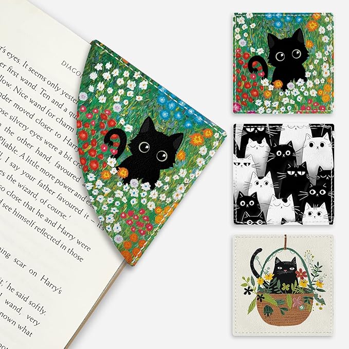 Cute Black Cat Corner Bookmarks, Funny Leather Book Accessories for Book Lovers, 3 Pcs Reading Book Page Markers for Women Men Student Teacher Girls Boys Kids Retirement Birthday Gifts