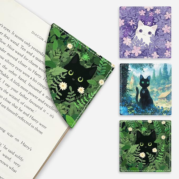 Black Cat Corner Bookmarks, Cute Leather Book Accessories for Book Lovers, 3 Pcs Reading Book Page Markers for Women Men Student Teacher Girls Boys Kids Retirement Birthday Gifts (Garden)