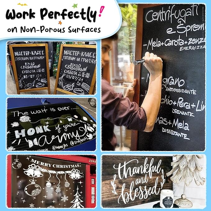 White Window Chalk Markers Pen: 6 Pack White Glass Marker, Liquid Chalk Marker for Chalkboard Signs, Car Window Paint Marker Pen for Bistro, Jars, Erasable, Non-Toxic, 5 Nib Sizes (1, 3, 6, 10, 15mm)