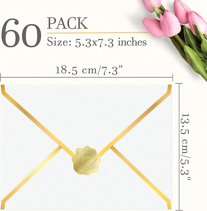 60 Pack Gold Envelopes 5x7 Lvory White, 250G Pearled Cardstock A7 Envelopes for Invitations Business Mailing Envelope with Gold Foil Border, A6 4x6 Envelopes for Wedding Baby Shower Cards