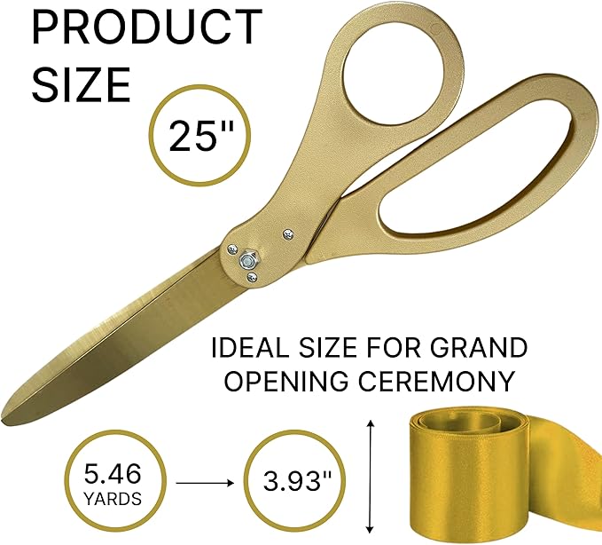 New Edition Grand Opening Ceremony Kit – Heavy Duty 25'' Scissors Gold with Golden Blades and Gold Satin Ribbon for Inauguration Ceremonies & Special Events