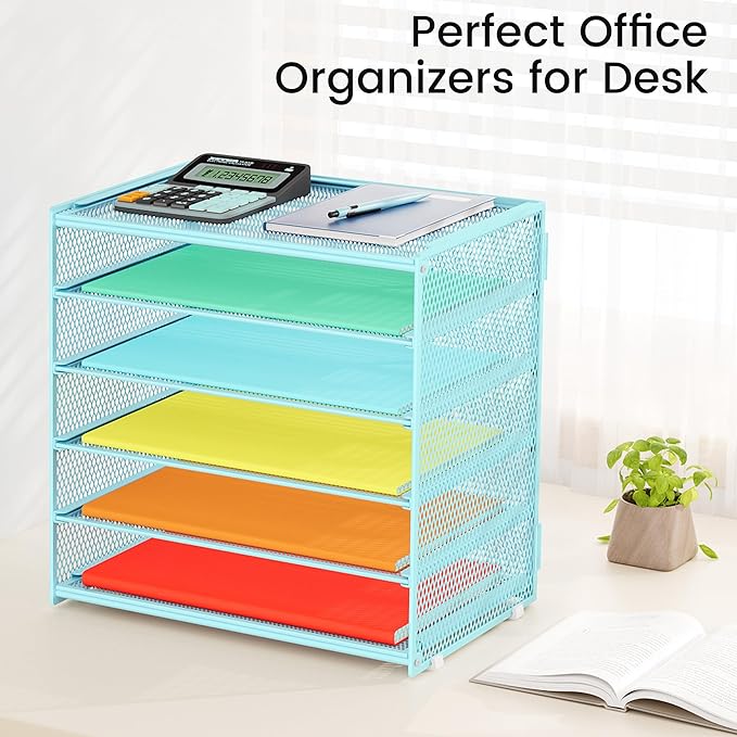 6 Tier Paper Organizer, Metal Mesh Desk File Organizer, Letter Tray Organizer, Paper Sorter Desk Organizer for Office, Home or School File Folder Holder - Blue
