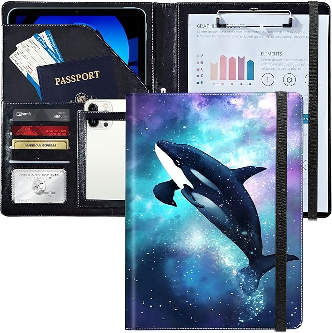 PU Leather Padfolio Folder Clipboard Portfolios Organizer Conference Document Organizer with Business Card Holder Storage Clipboard Writing Pad,Orca Whale