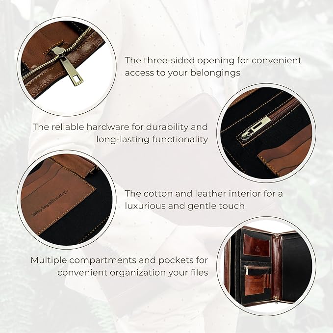 Time Resistance Leather Portfolio - A4 Document Folder - Padfolio - Italian Handcrafted Organizer Folio - Gift Box Included