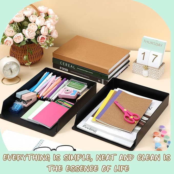 Wenqik 2 Pcs Stackable Paper Trays Rectangular Plastic Desk Tray Holder Desktop Document File Paper Organizer Plastic Storage Letter Tray for Office Classroom, Black