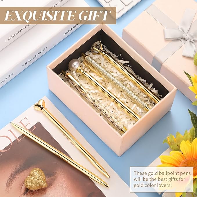 6 Pcs Ballpoint Pens Set Metal Crystal Diamond Pen for Journaling Glitter Pretty Cute Stationery Black Ink Fancy Gifts for Women Girls Teacher Office Wedding School Supplies(Gold)