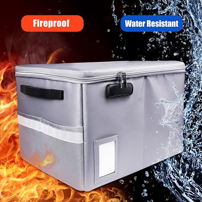 File Box with Lock, Fireproof Document Box File Organizer Box, Portable Office Collapsible File Storage with Reflective Strip for Hanging Letter/Legal Size Folder/Certificate