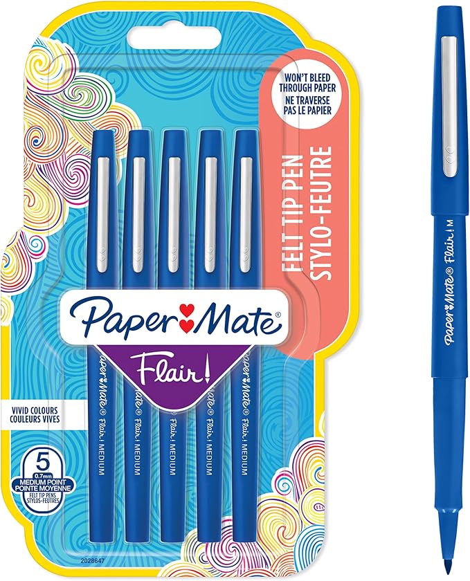 Paper Mate Flair Felt Tip Pens | Medium Point (0.7 mm) Writing Pens | Blue Pens | For Writing, Drawing & Sketching | 5 Count
