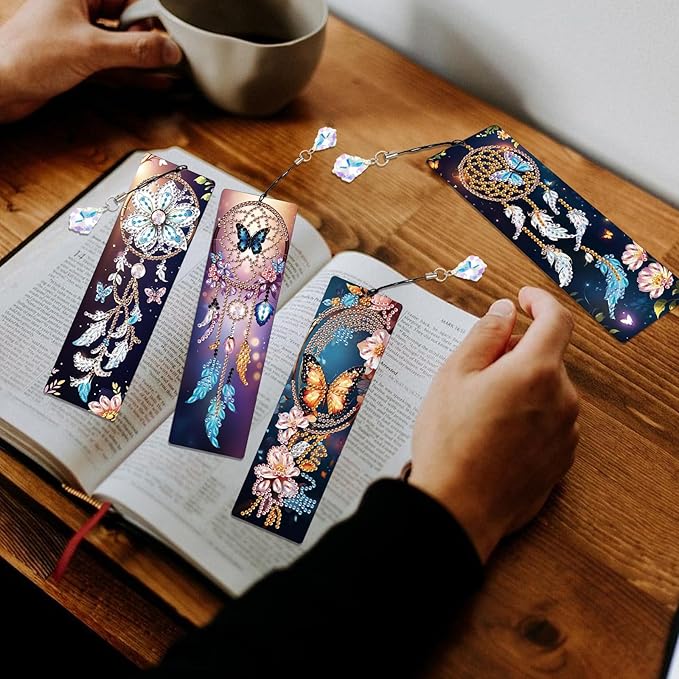 4 Pieces Diamond Painting Bookmarks for Adults 5D Rhinestone Art Bookmarks Dreamcatcher Art Beautiful Butterfly Bookmarks DIY Diamond Painting Bookmarks with Tassels Crafts Supplies