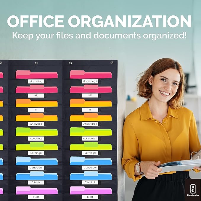 Hippo Creation Heavy Duty Storage Pocket Chart for Classroom, 30 Pocket Storage Organizer with 5 Over-Door Hangers, Hanging Wall Organizer for File Folders, School Mailbox, Home Office Papers - Black