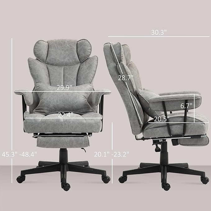 HOMCOM Executive Office Chair, 400LBS Big and Tall Office Chair with Foot Rest, Microfiber Computer Desk Chair with Lumbar Support, Reclining Function and Wide Seat, Gray
