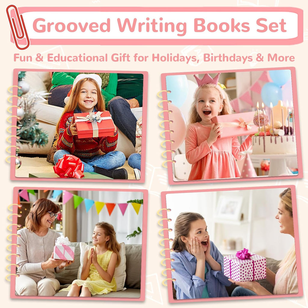 Large Size Grooved Writing Books for Kids Age 3-5 6-8, 8 Pack Magic Grooved Writing Practice Copybooks, Handwriting Prastice with Cute Fade-Resistant Pens, Workbooks Number Letter Tracing for Kids