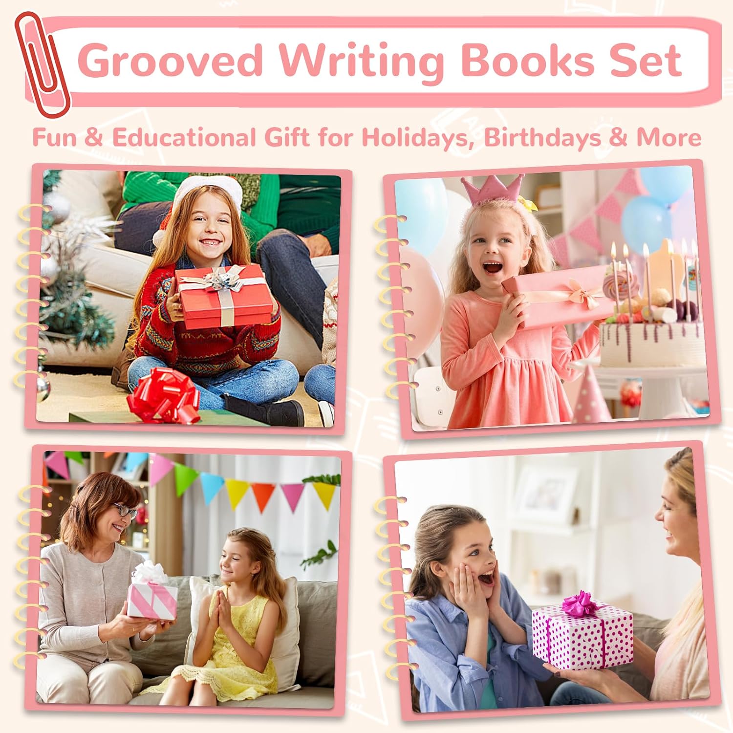 Large Size Grooved Writing Books for Kids Age 3-5 6-8, 8 Pack Magic Grooved Writing Practice Copybooks, Handwriting Prastice with Cute Fade-Resistant Pens, Workbooks Number Letter Tracing for Kids