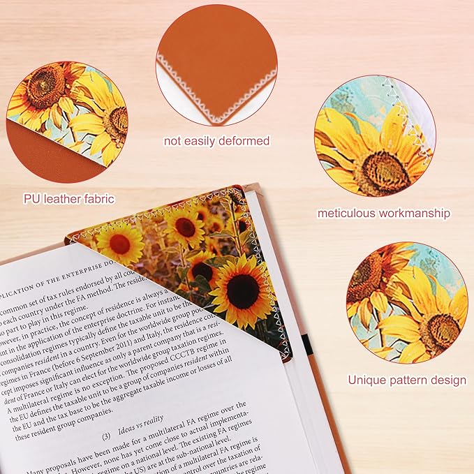 4 Pieces Leather Bookmarks, Cute Book Accessories for Reading Lovers, Page Markers for Women Men Kids Students Teachers Retirement Birthday Gift (Sunflower)